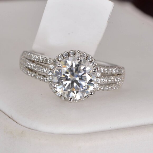 Certified 2.0 ct Halo Brilliant Cut Moissanite Engagement Ring 925 Sterling - Picture 6 of 9